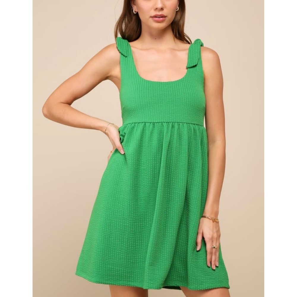 Lulus Green Textured Tie-Strap Empire Waist Babydoll Mini Dress Size Small